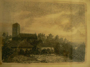 La Parrocchiale di Ceresole d'Alba in un disegno di Vittorio Caccia.